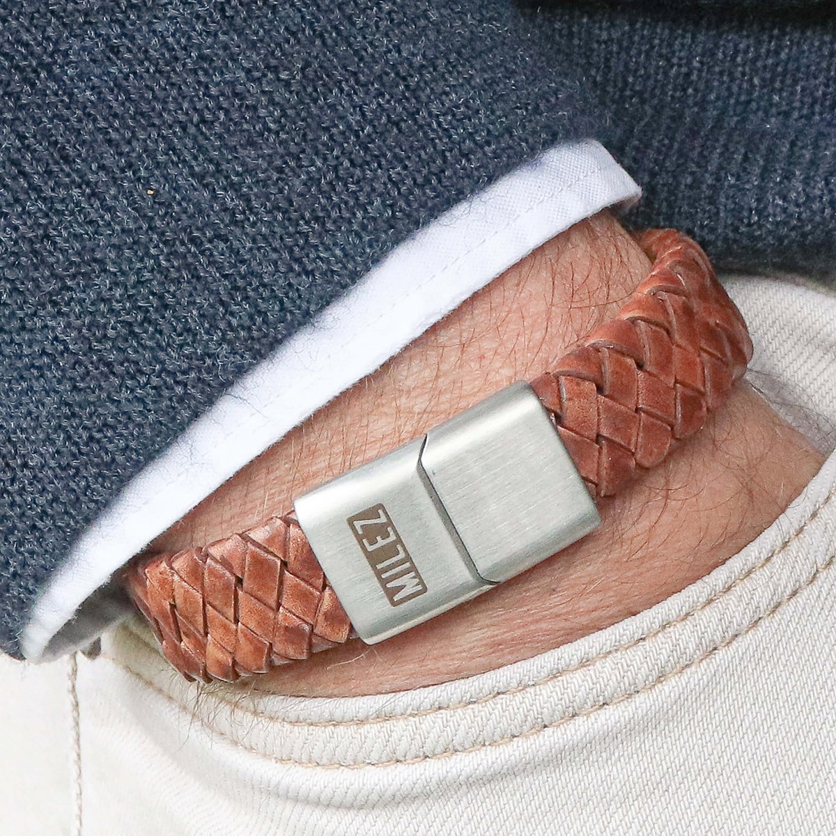 Leren heren armband cognac L - Afbeelding 2