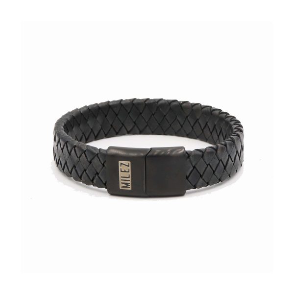 Leren heren armband zwart | zwarte sluiting M